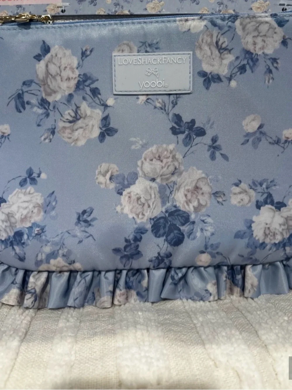 LoveShackFancy Light Blue Floral Ruffled Pouch/Pencil Case